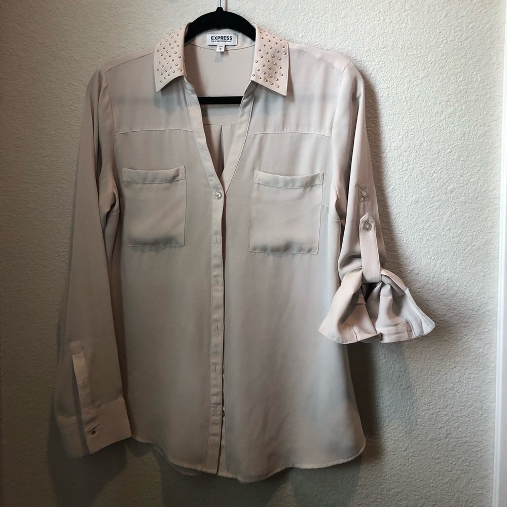 Polyester Gold Beads on collar Buttoned up Blouse